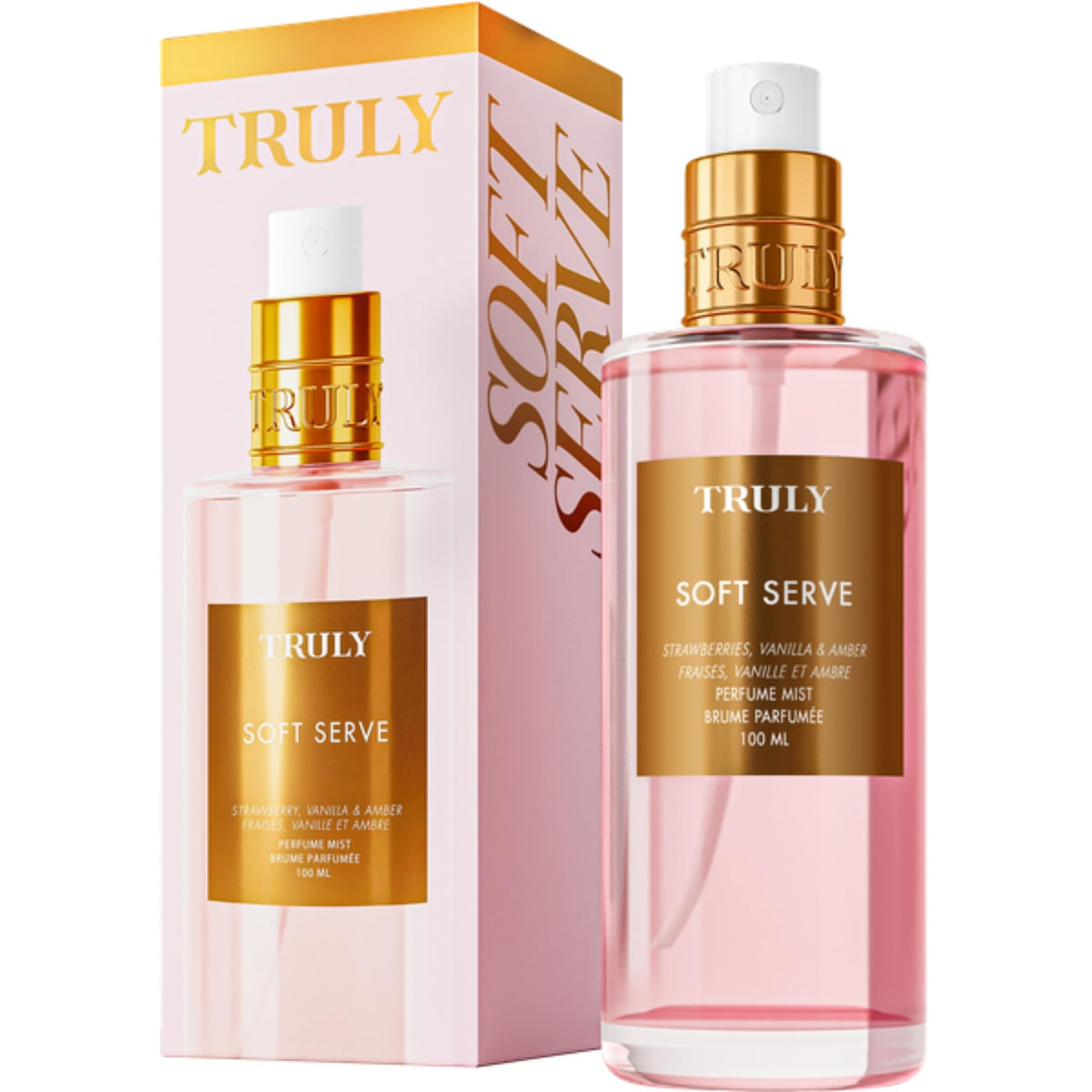 Truly Soft Serve Perfume Mist bottle shows creamy vanilla and strawberry notes for everyday wear.