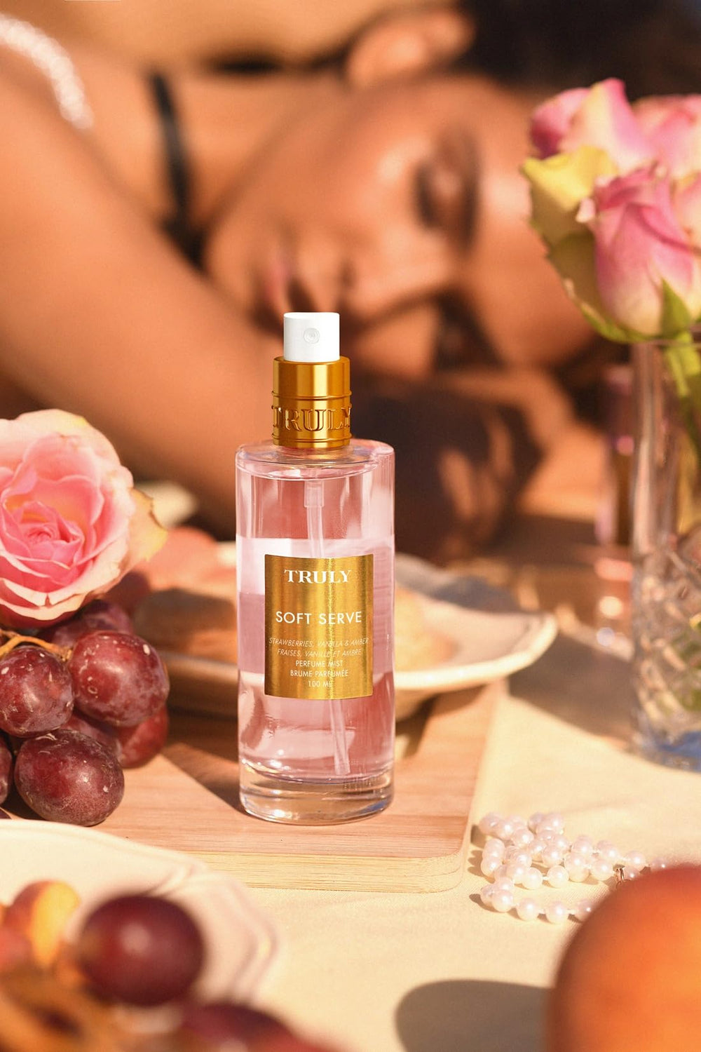 Truly Soft Serve Perfume Mist label close-up emphasizes vanilla warmth and strawberry brightness.