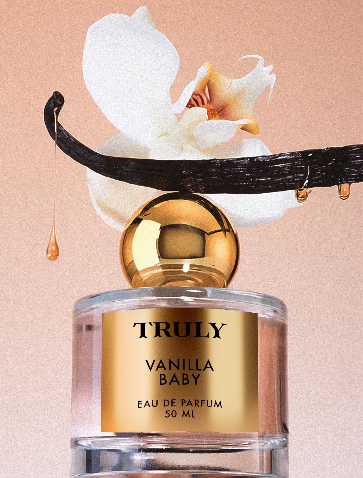 Truly Vanilla Baby caramel drizzle detail signals caramel finish for a seductive warmth.