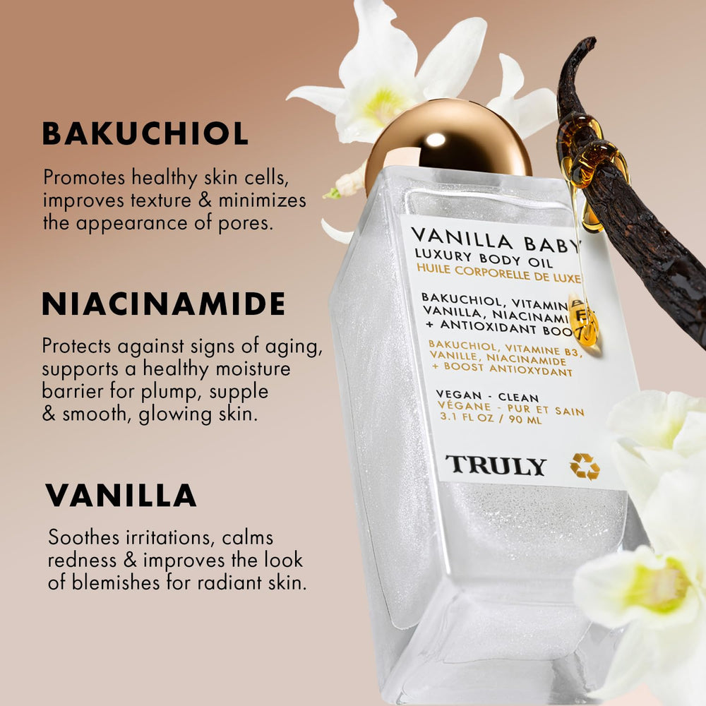 Truly Vanilla Baby Luxury Body Oil texture shown for luxurious nourishment