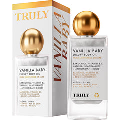 Truly Vanilla Baby Luxury Body Oil bottle with pearlescent glow for premium hydration