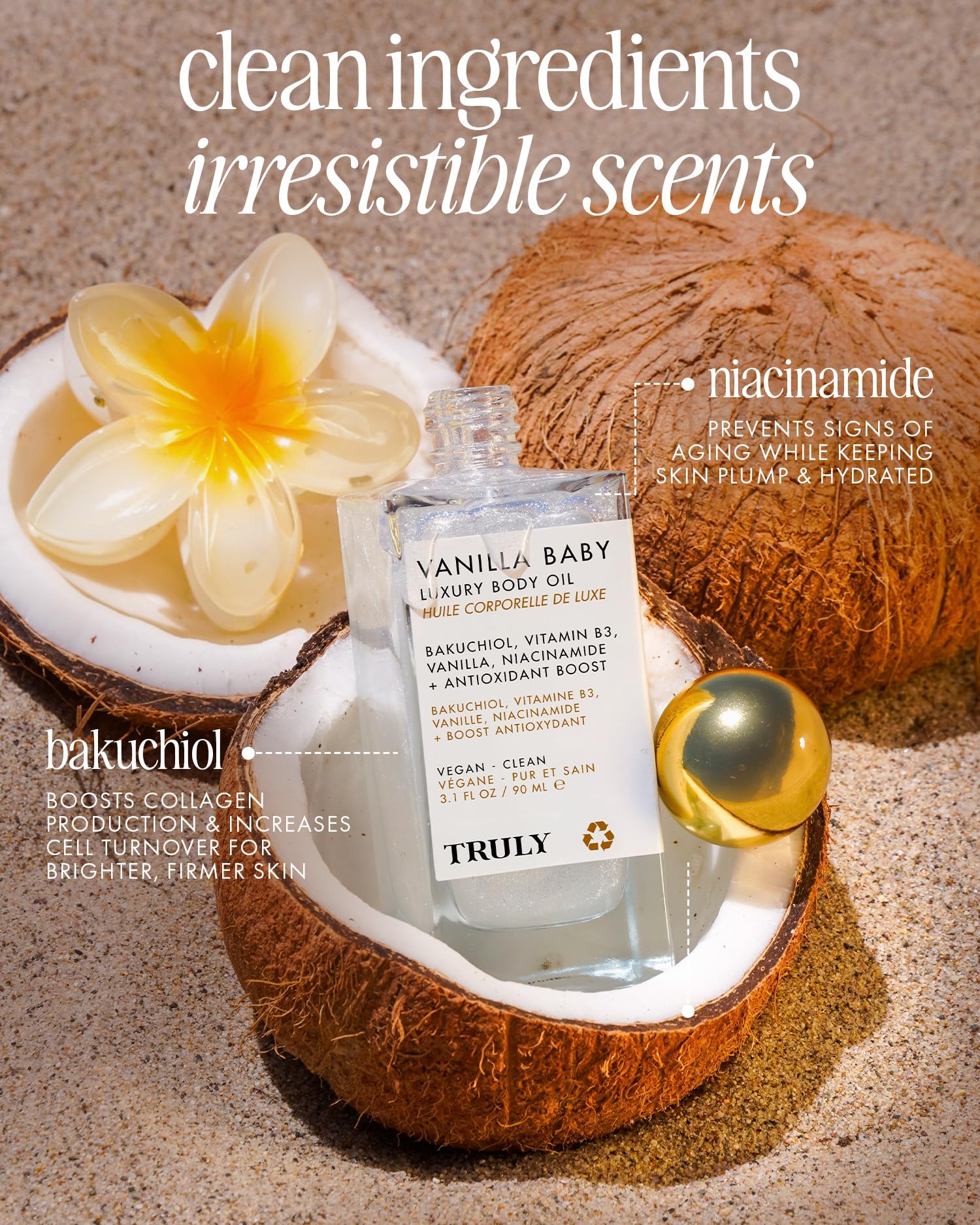 Truly Vanilla Baby Luxury Body Oil pearlescent glow highlights radiant skin shine