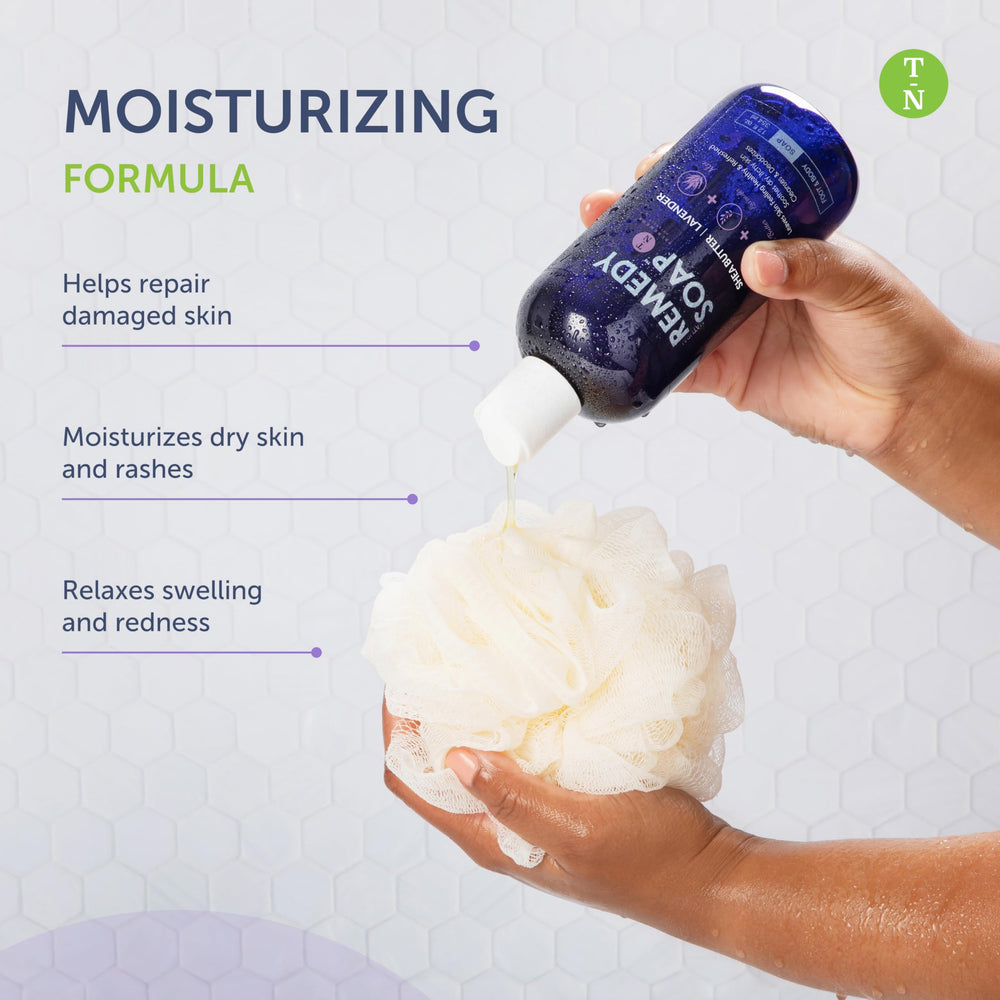 Truremedy Naturals lavender body wash application suggests a soothing daily ritual.