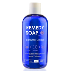 Truremedy Naturals lavender shea body wash bottle highlights comforting hydration for dry skin.