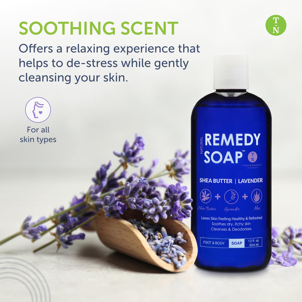 Truremedy Naturals body wash lather emphasizes gentle cleansing with soothing lavender aroma.
