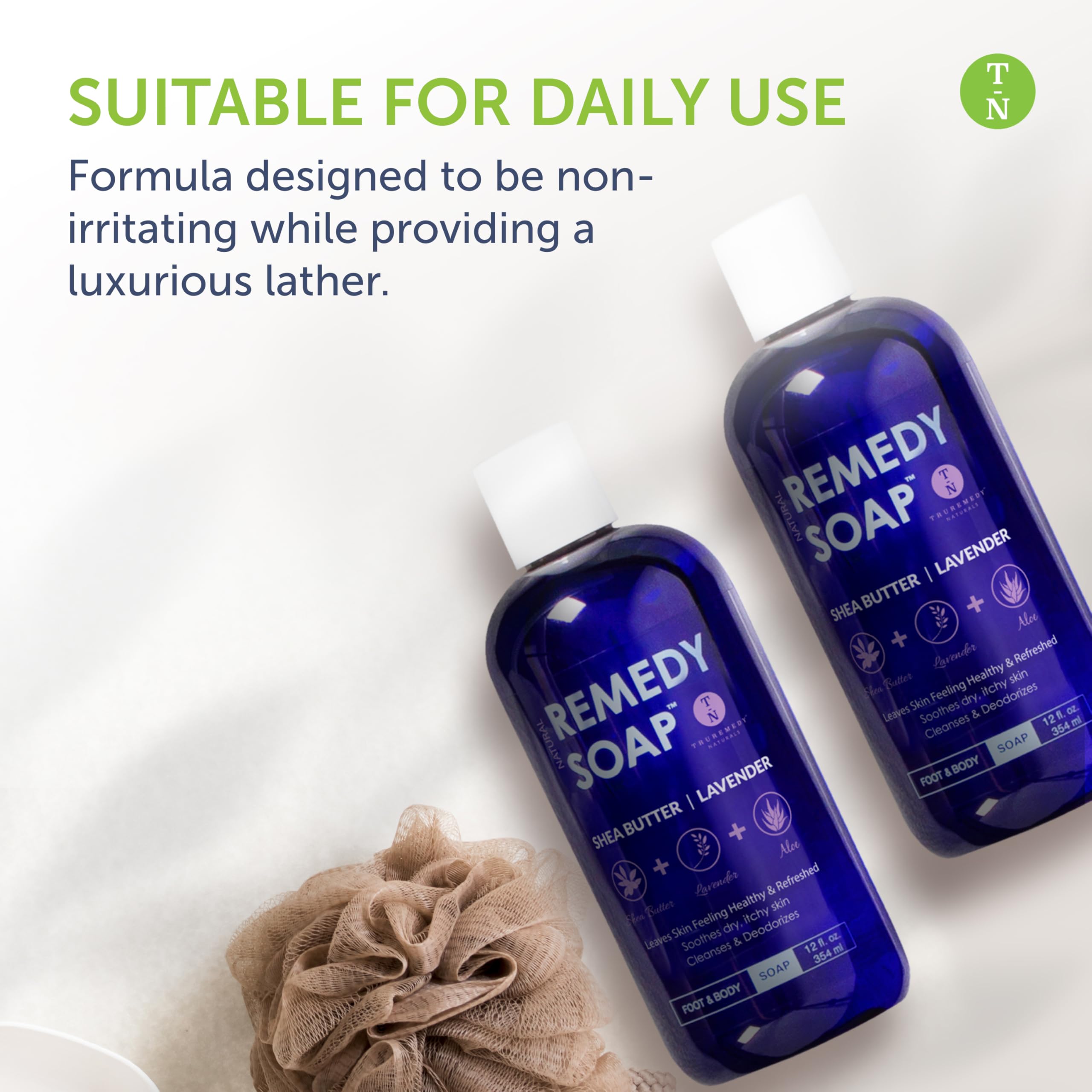 Truremedy Naturals body wash texture close-up reveals creamy lather and moisturizing feel.