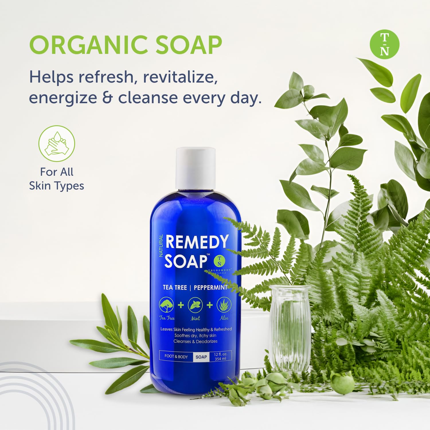 Truremedy Naturals bottle label highlighting peppermint and aloe for a cooling shower.