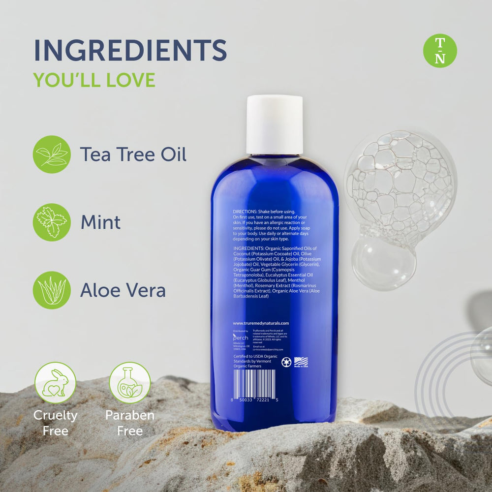 Truremedy Naturals Tea Tree Body Wash peppermint oil delivers a cooling, refreshing boost.