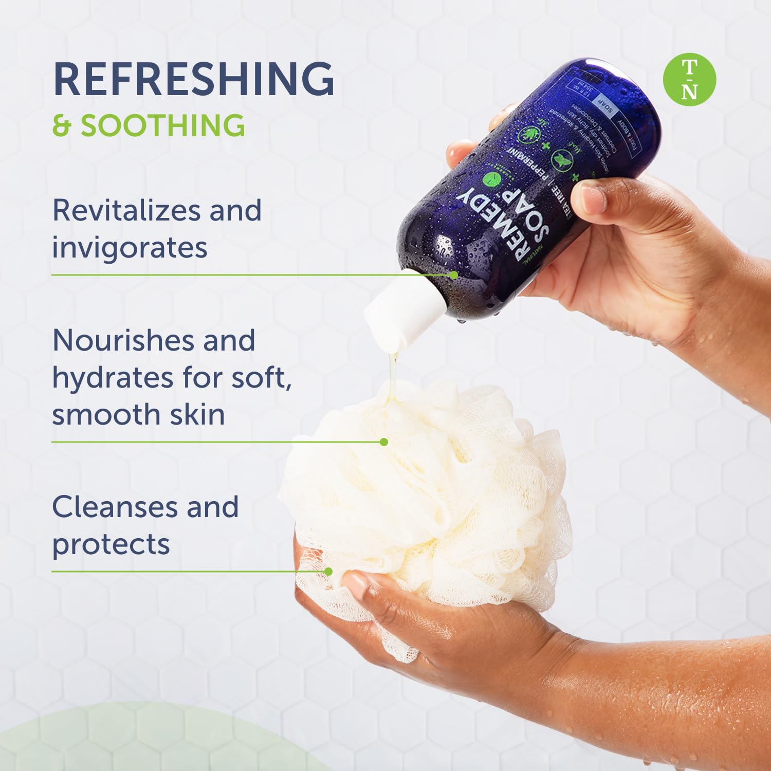 Shower scene featuring Truremedy Naturals body wash for post-gym refresh.