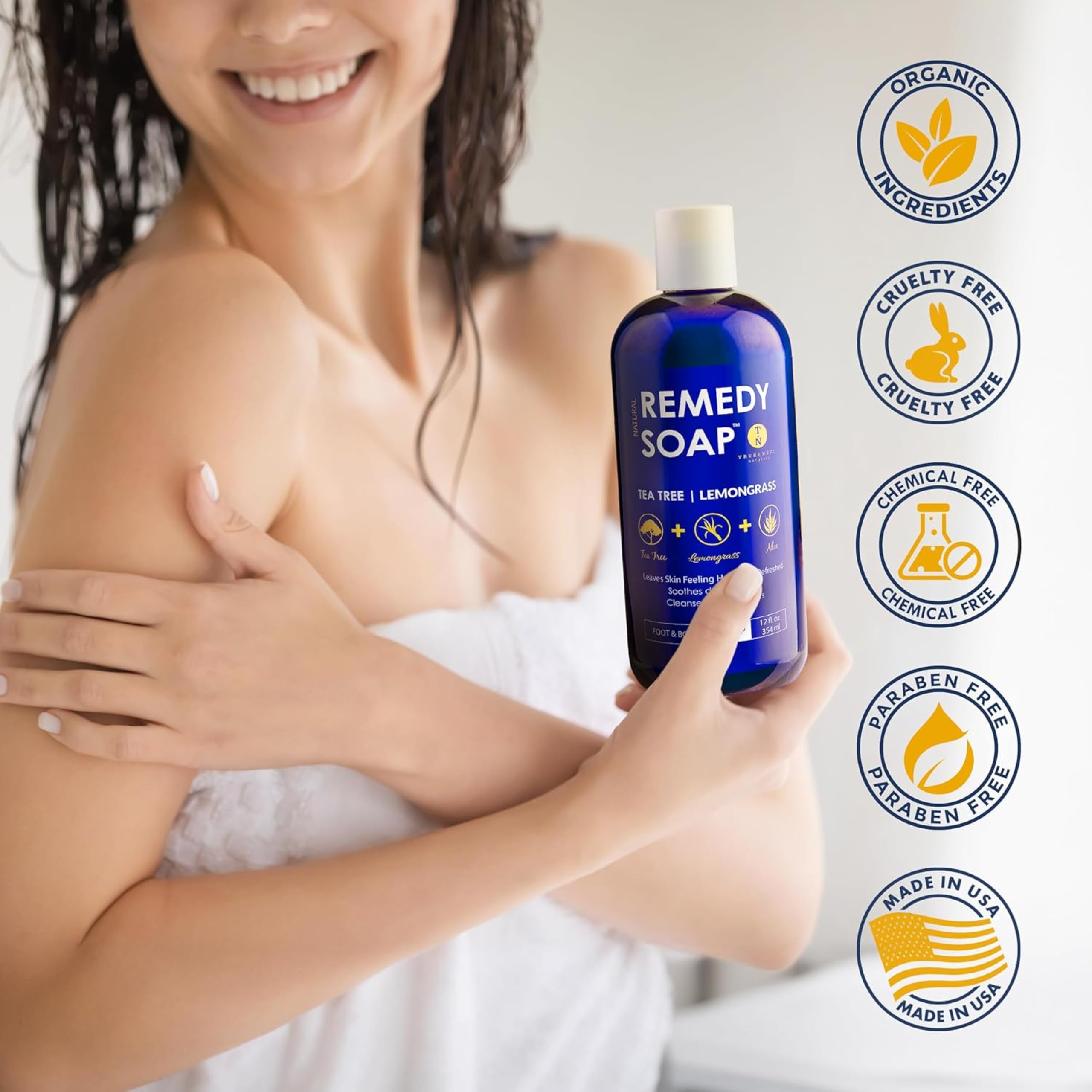 Truremedy Naturals Tea Tree Lemongrass Body Wash foam close-up shows rich, refreshing lather