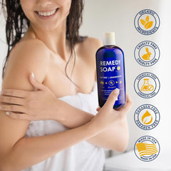 Truremedy Naturals Tea Tree Lemongrass Body Wash foam close-up shows rich, refreshing lather