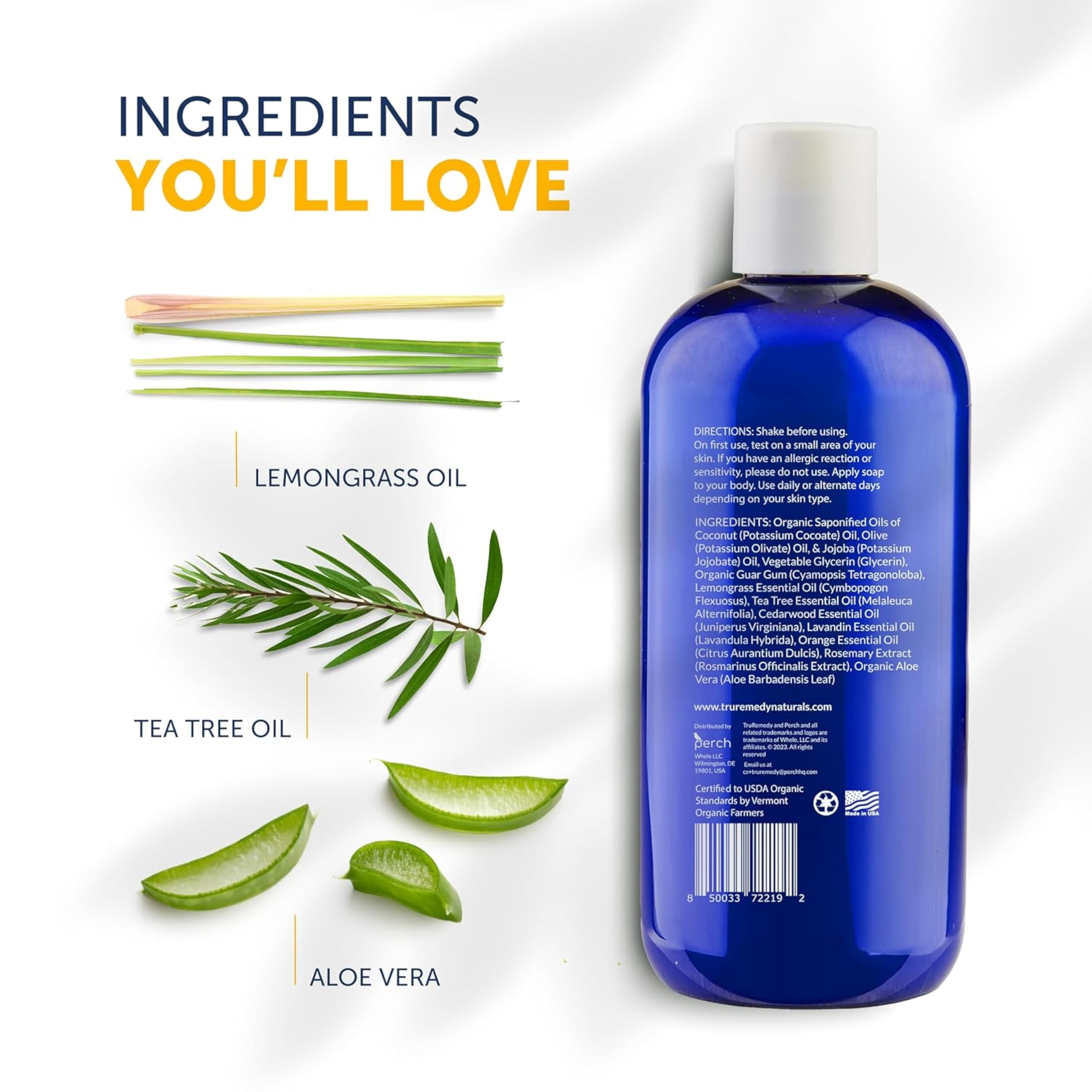 Truremedy Naturals Tea Tree Lemongrass Body Wash ingredients close-up highlights organic oils and aloe