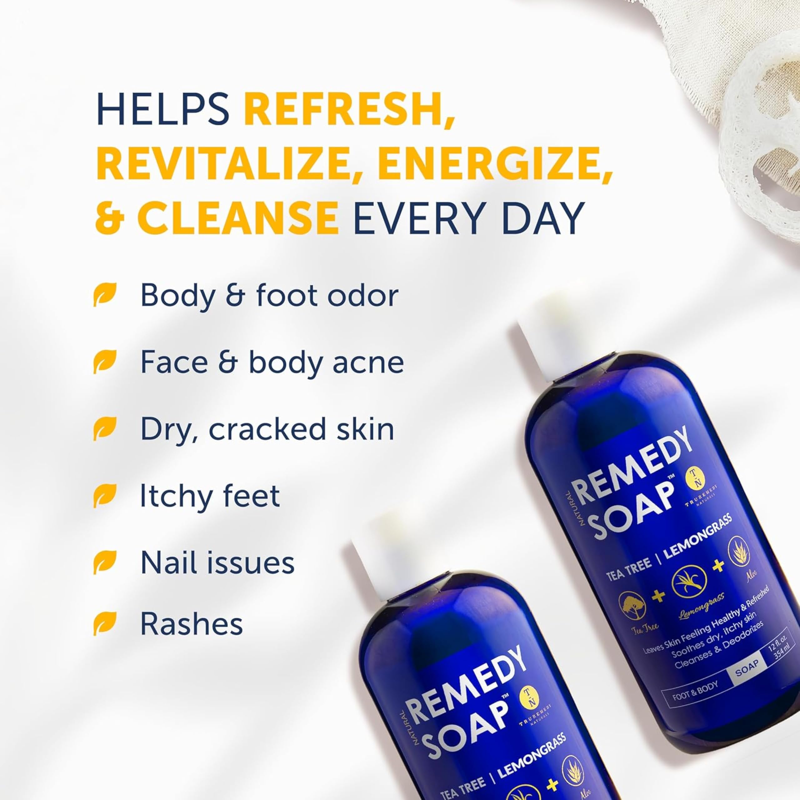 Truremedy Naturals Tea Tree Lemongrass Body Wash pump demonstrates easy, quick lather for gym use