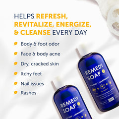 Truremedy Naturals Tea Tree Lemongrass Body Wash pump demonstrates easy, quick lather for gym use