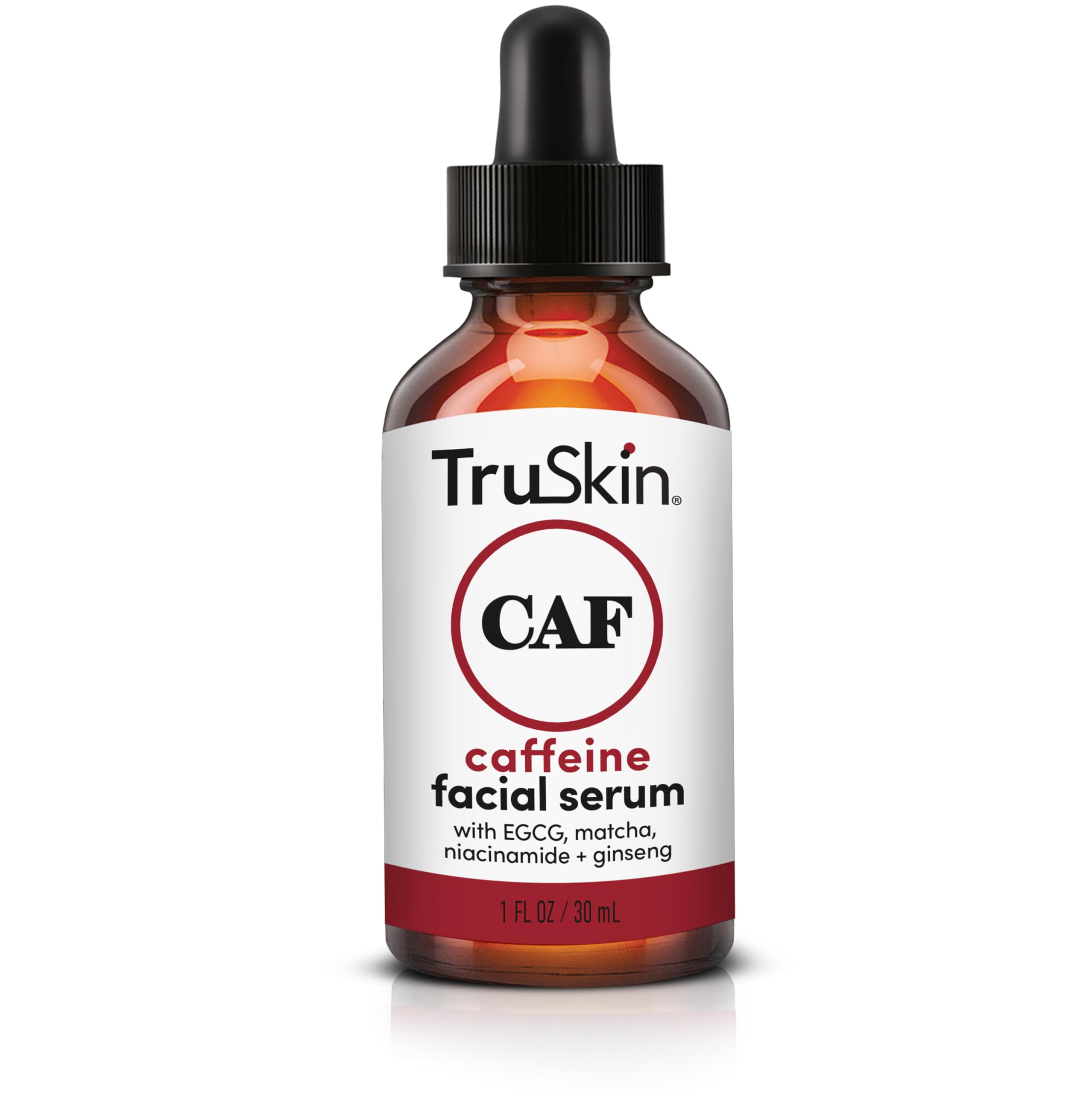 TruSkin caffeine serum bottle closeup with clear gel formula for refreshed skin.