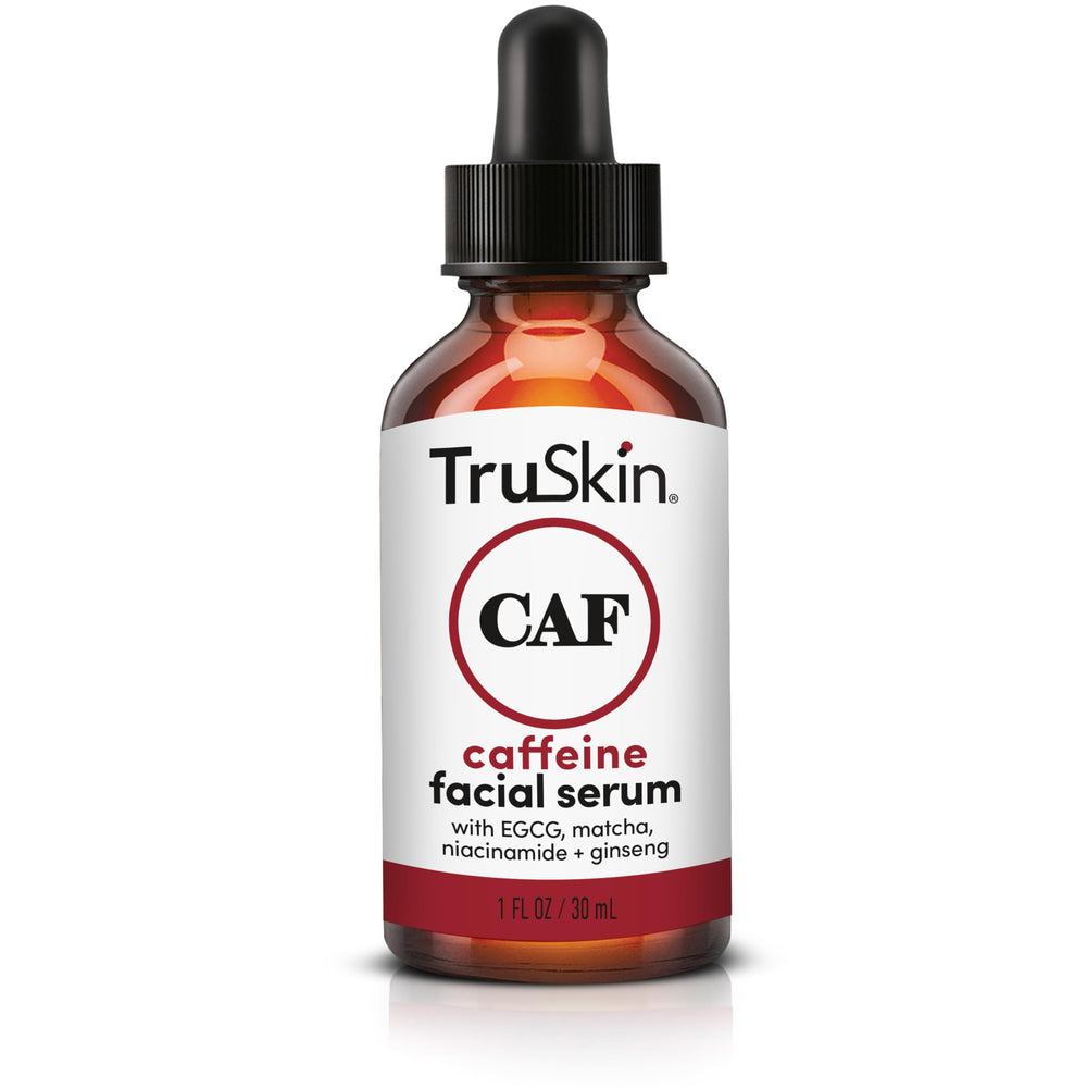 TruSkin caffeine serum bottle closeup with clear gel formula for refreshed skin.