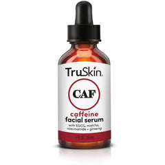 TruSkin caffeine serum bottle closeup with clear gel formula for refreshed skin.