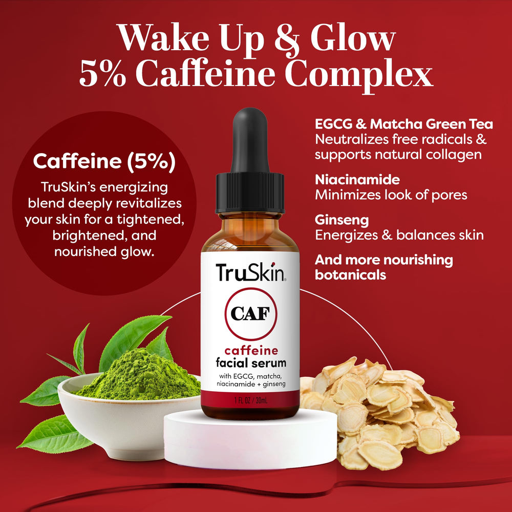 TruSkin caffeine serum applied around the eye area to address puffiness.