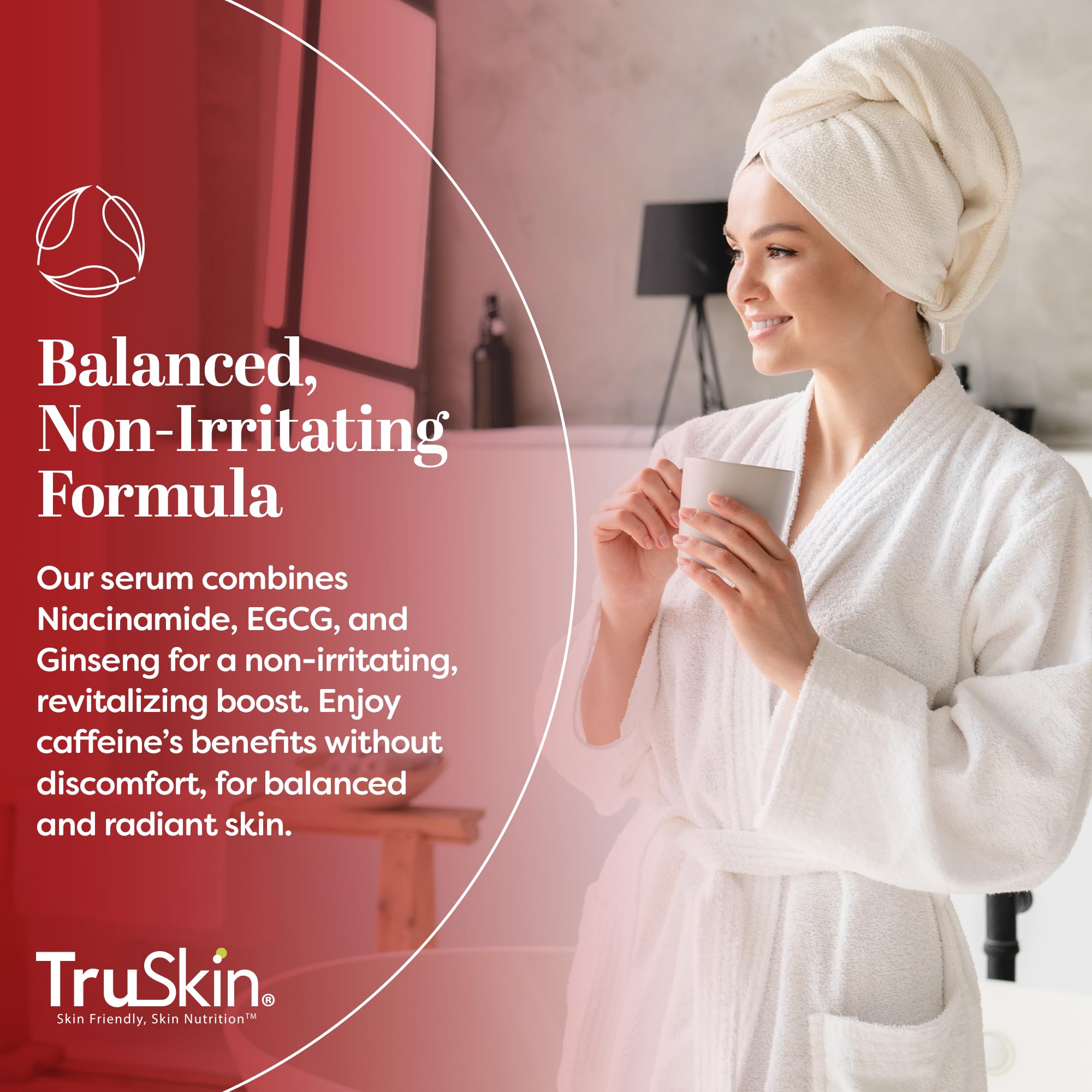 TruSkin caffeine serum ingredients label highlighting antioxidant-rich formula.