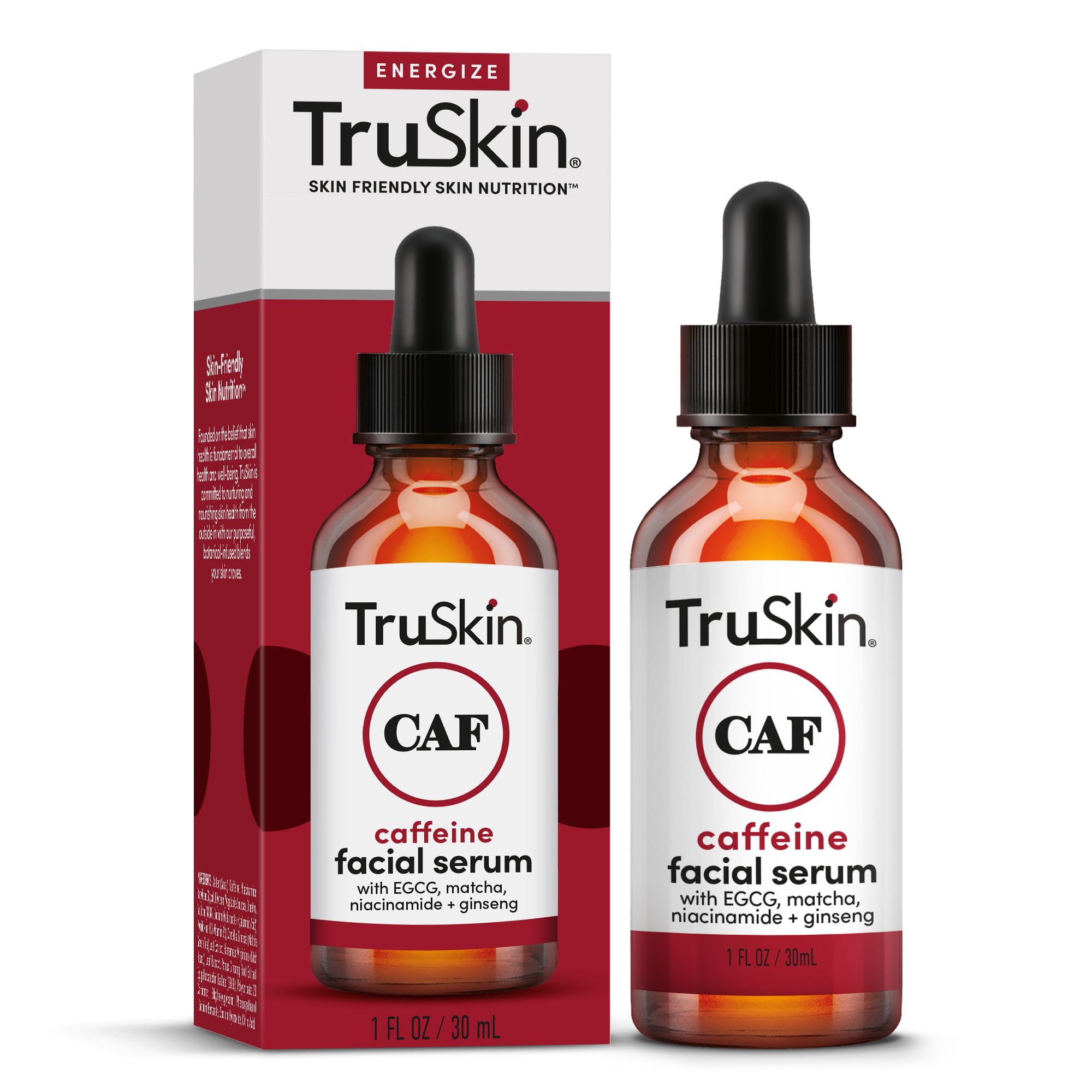 TruSkin caffeine serum packaging seal emphasizes cruelty-free, USA-made quality.