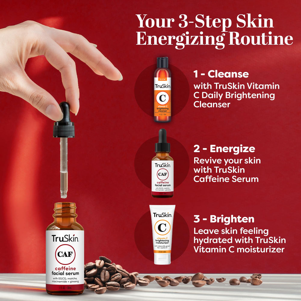 TruSkin caffeine serum pump applicator showing quick-absorbing texture for daytime use.