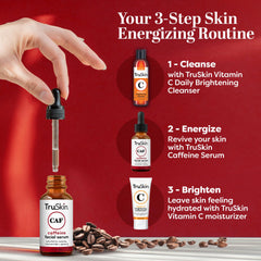 TruSkin caffeine serum pump applicator showing quick-absorbing texture for daytime use.