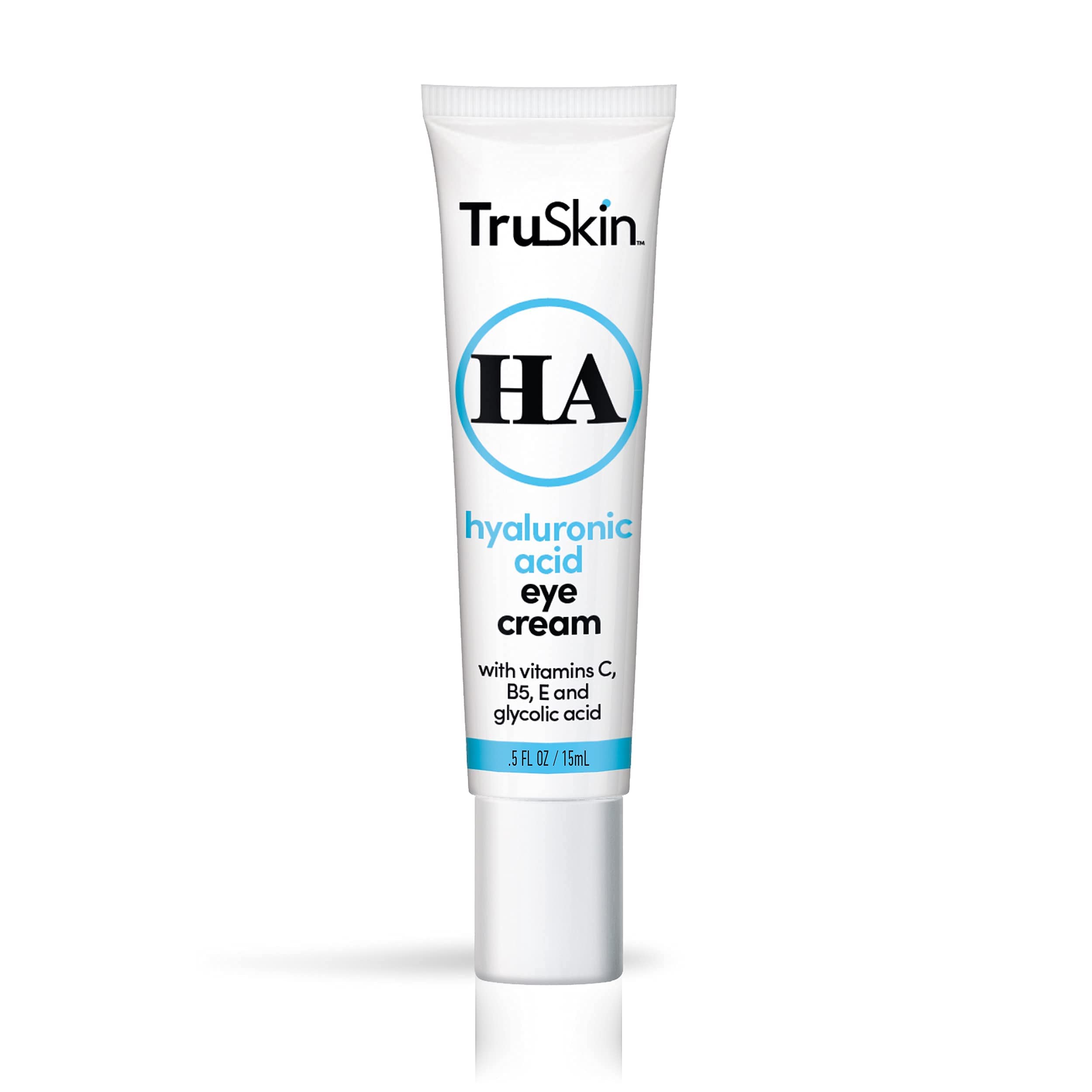 TruSkin eye cream application dot on finger demonstrating gentle under-eye care.