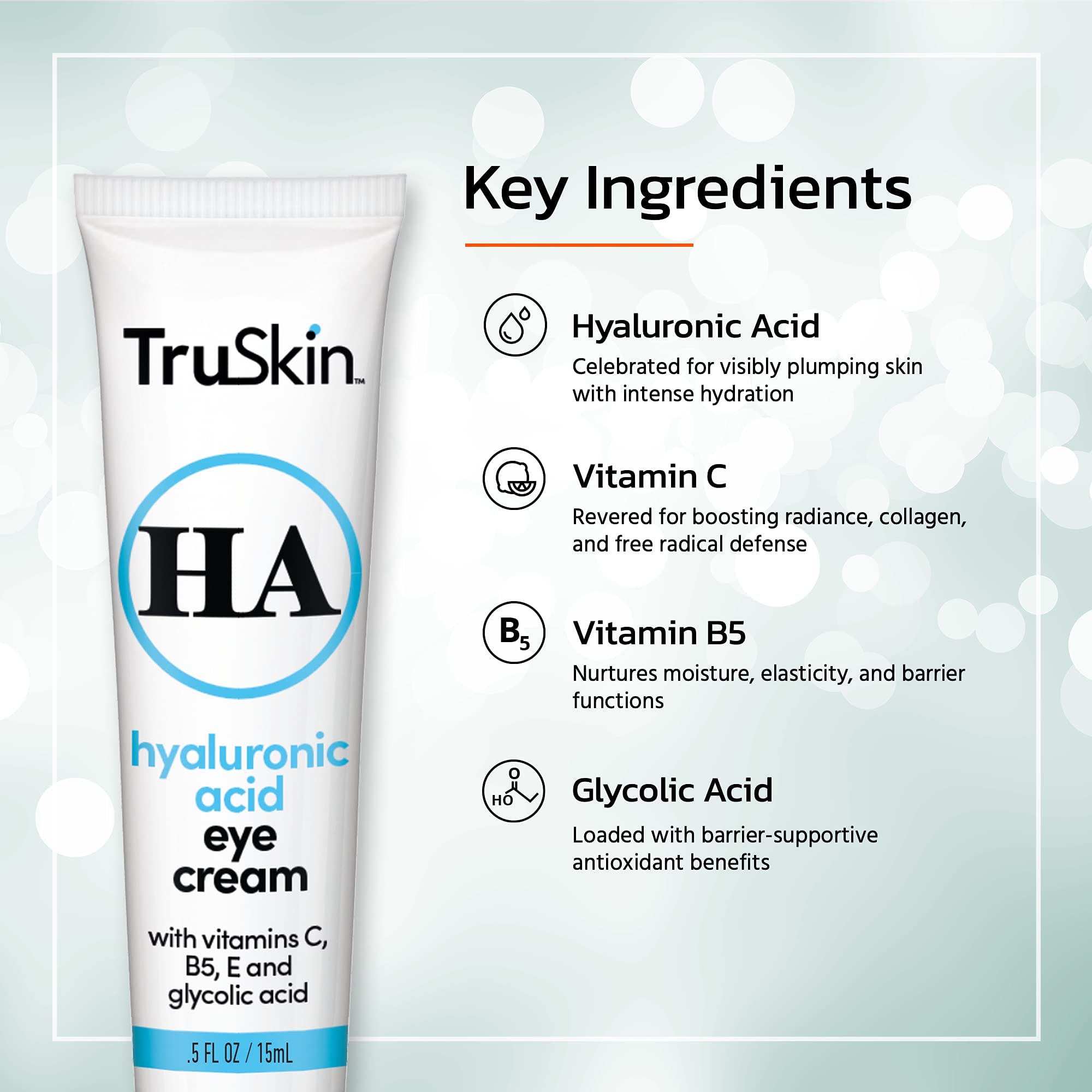 TruSkin eye cream tube dispensing showing lightweight, hydrating formula for under-eye care.