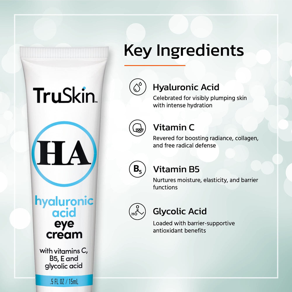 TruSkin eye cream tube dispensing showing lightweight, hydrating formula for under-eye care.