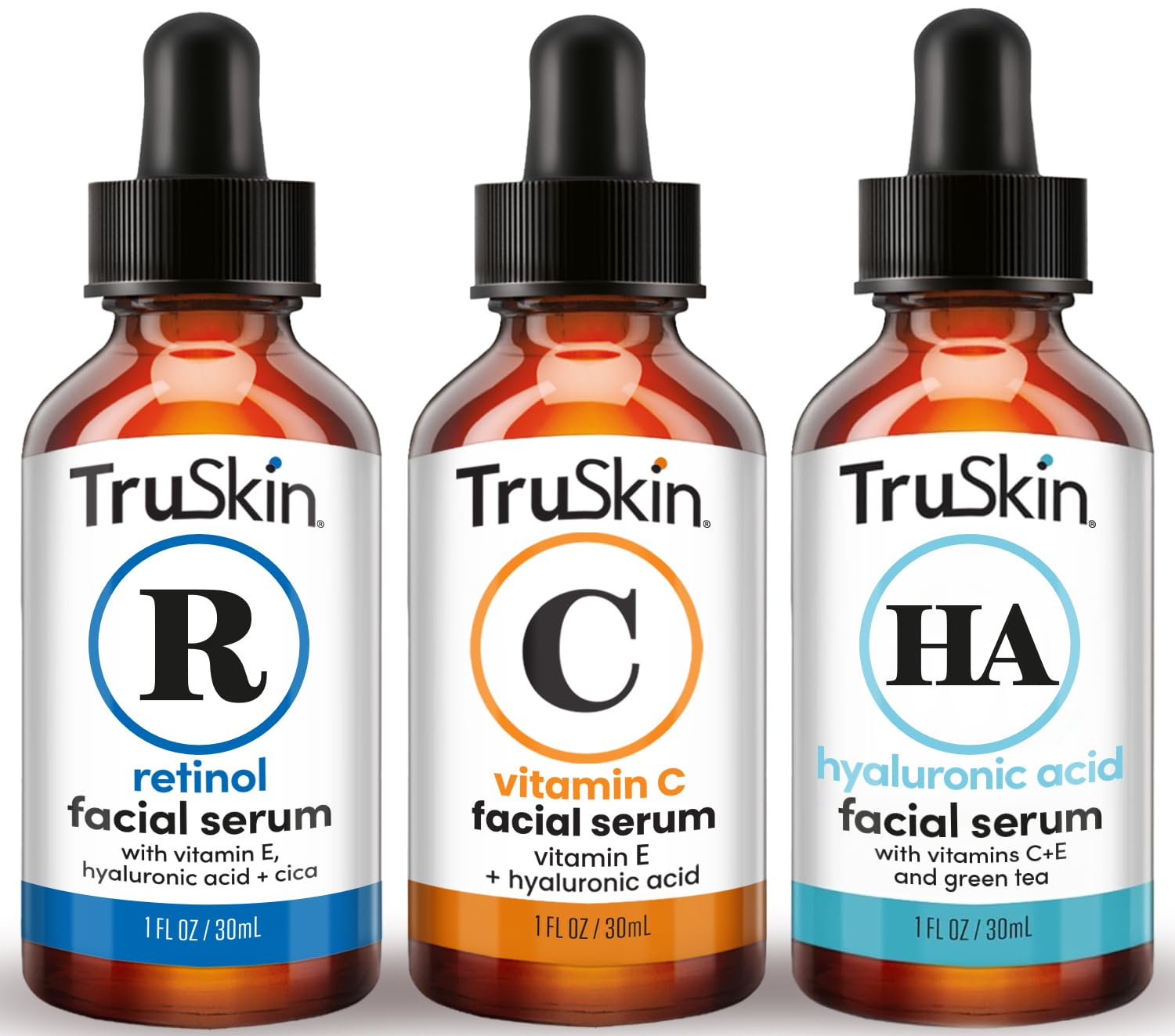 TruSkin Face Serum Trio bottles on counter for a complete brightening routine.
