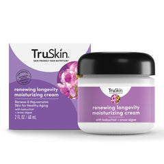 TruSkin Longevity Cream tube close-up, rich texture for daily hydration and gentle anti-aging care