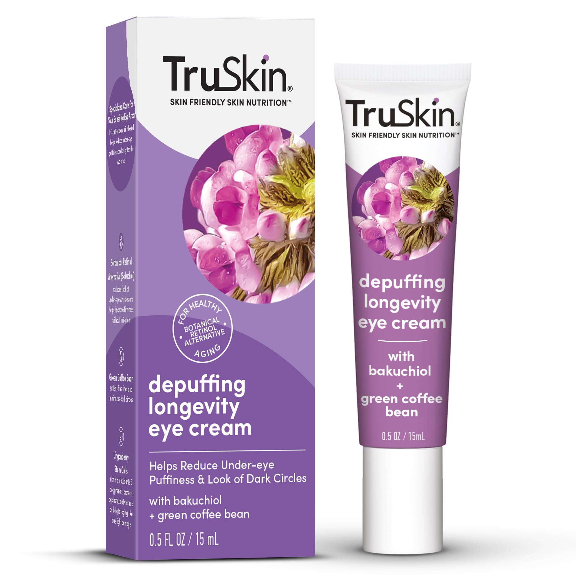 TruSkin Longevity Eye Cream bottle closeup for everyday brightening and hydration.