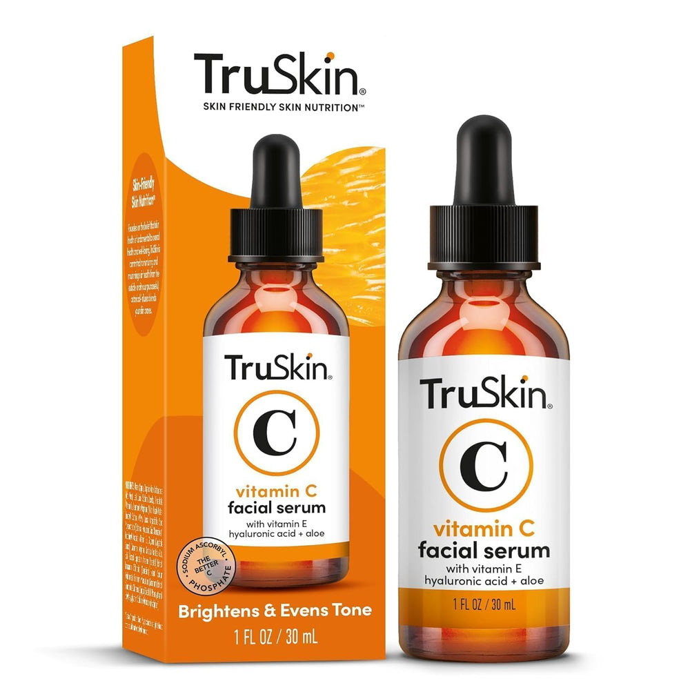TruSkin Naturals Vitamin C Serum bottle on a vanity for daily brightening.
