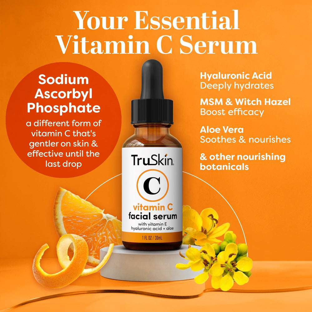 TruSkin Naturals Vitamin C Serum ingredients closeup highlighting hydrating hyaluronic acid and antioxidants.