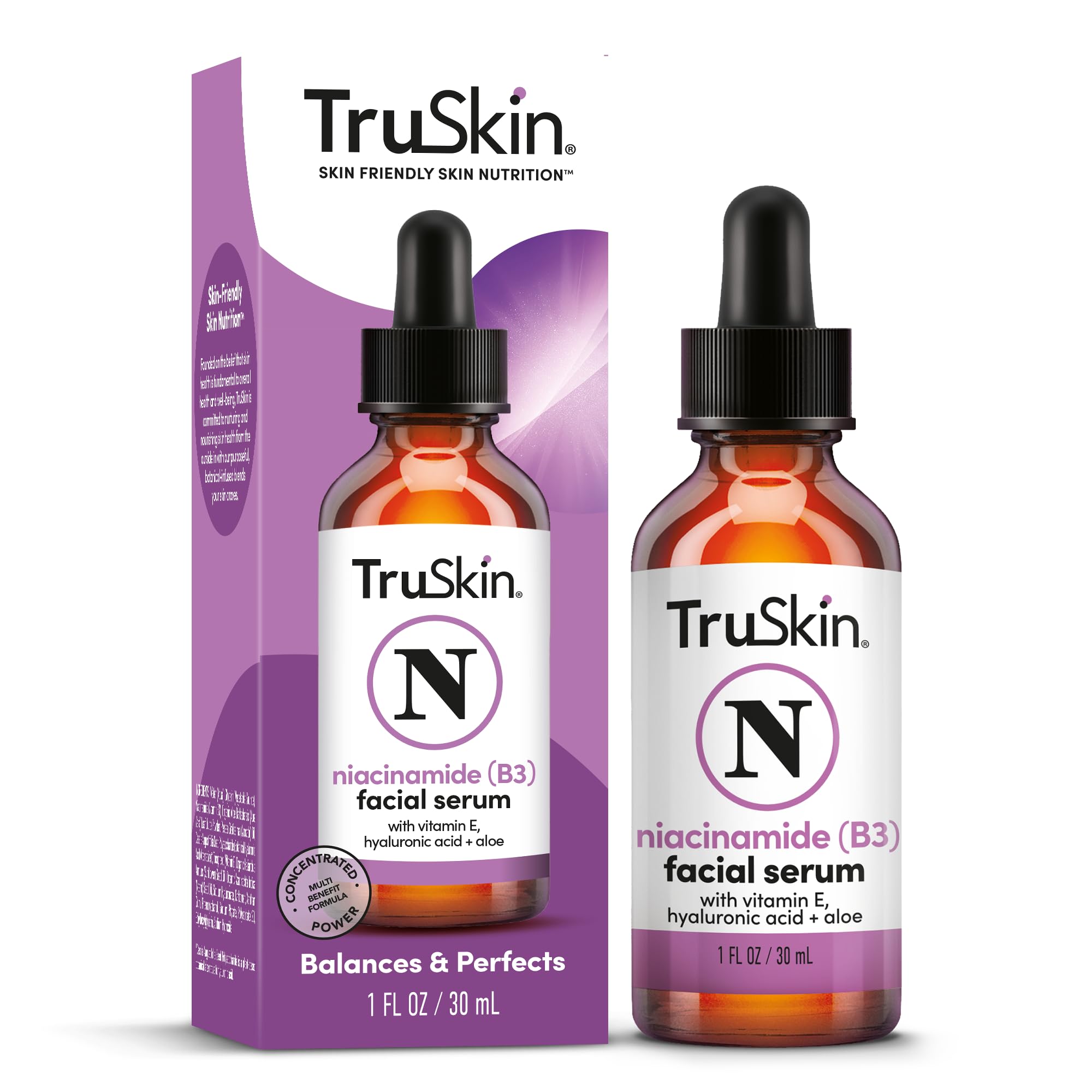 TruSkin niacinamide serum bottle demonstrates balanced moisture and refined pores