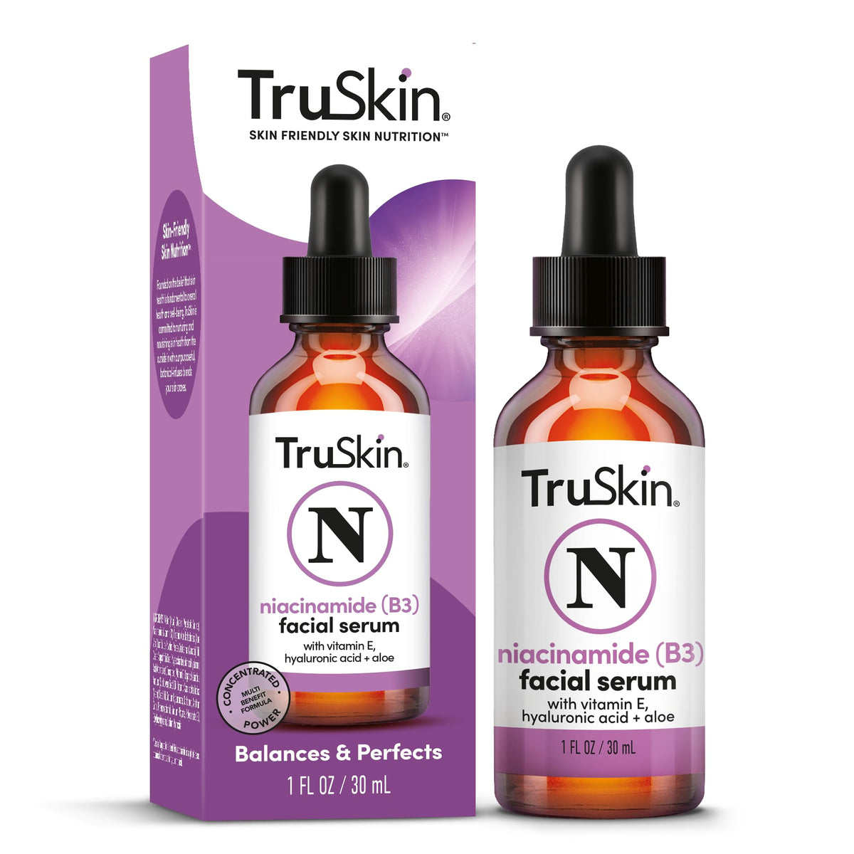 TruSkin niacinamide serum bottle demonstrates balanced moisture and refined pores