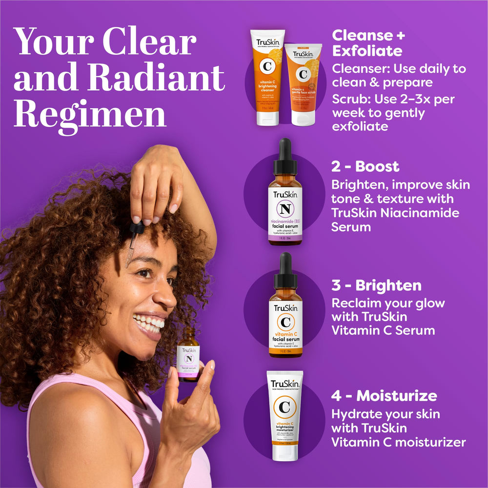 TruSkin niacinamide serum drops on hand close-up demonstrates easy morning routine for balanced tone