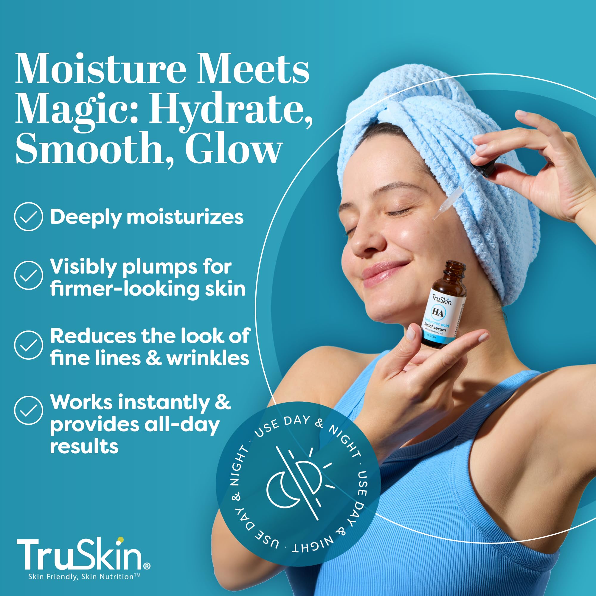 TruSkin Hyaluronic Serum application steps illustrate a simple daily routine.