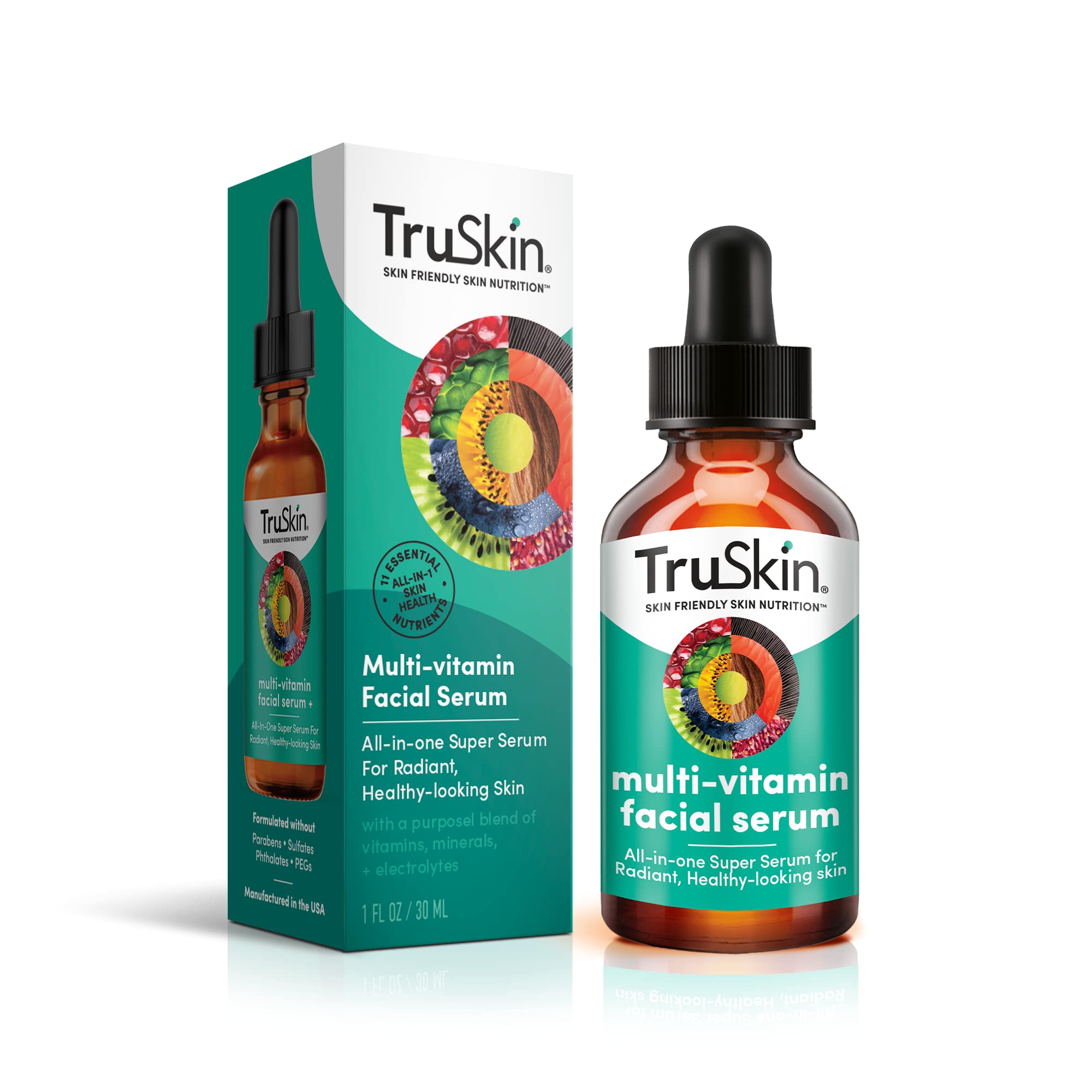 TruSkin serum bottle front showing a vitamin rich skincare option for daily use