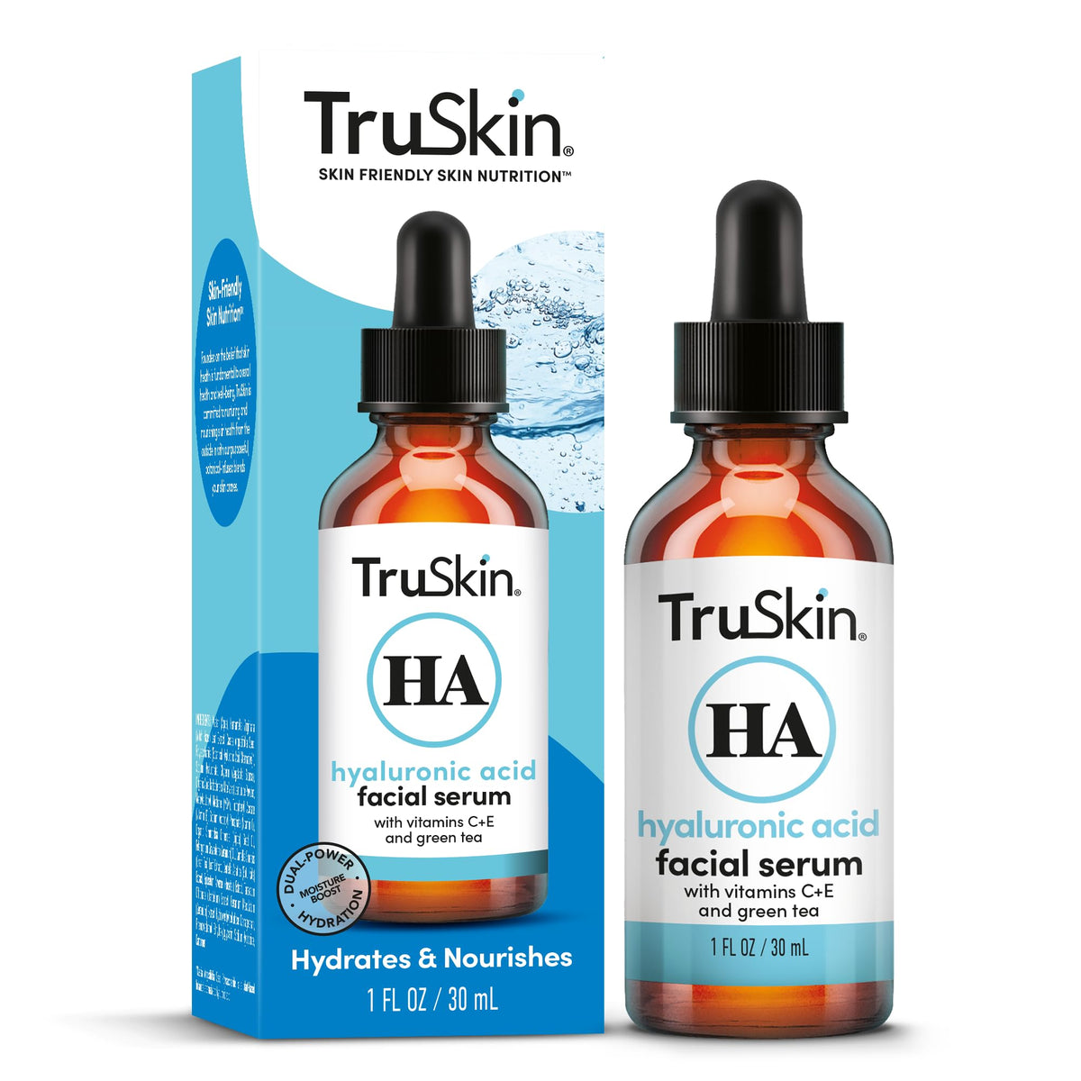 TruSkin Hyaluronic Serum bottle pour highlights the hydrating formula for smoother skin.
