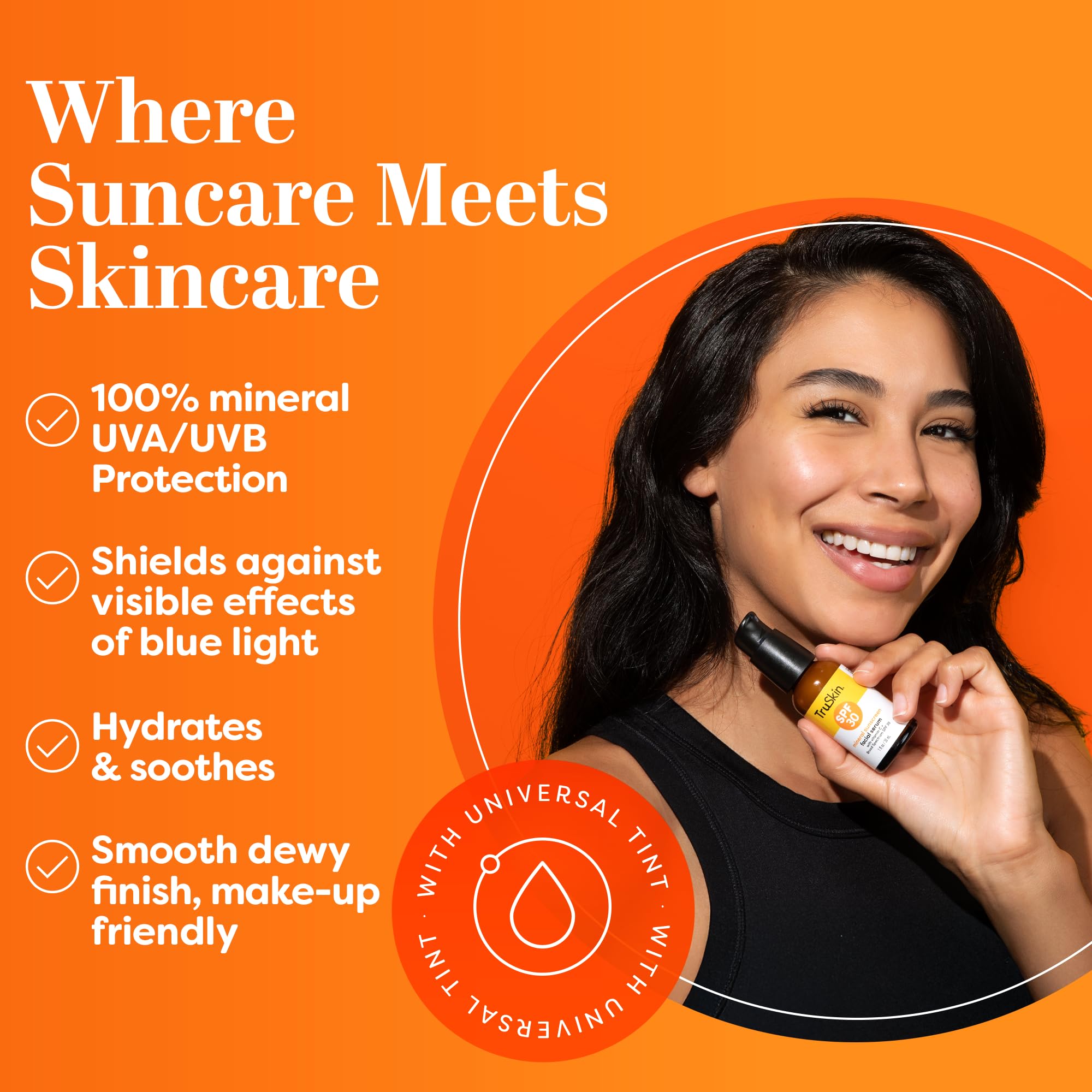 TruSkin Sunscreen Serum back label shows ingredients and USA-made cruelty-free claim