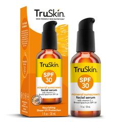 TruSkin Sunscreen Serum face SPF30 bottle front highlights mineral sun protection