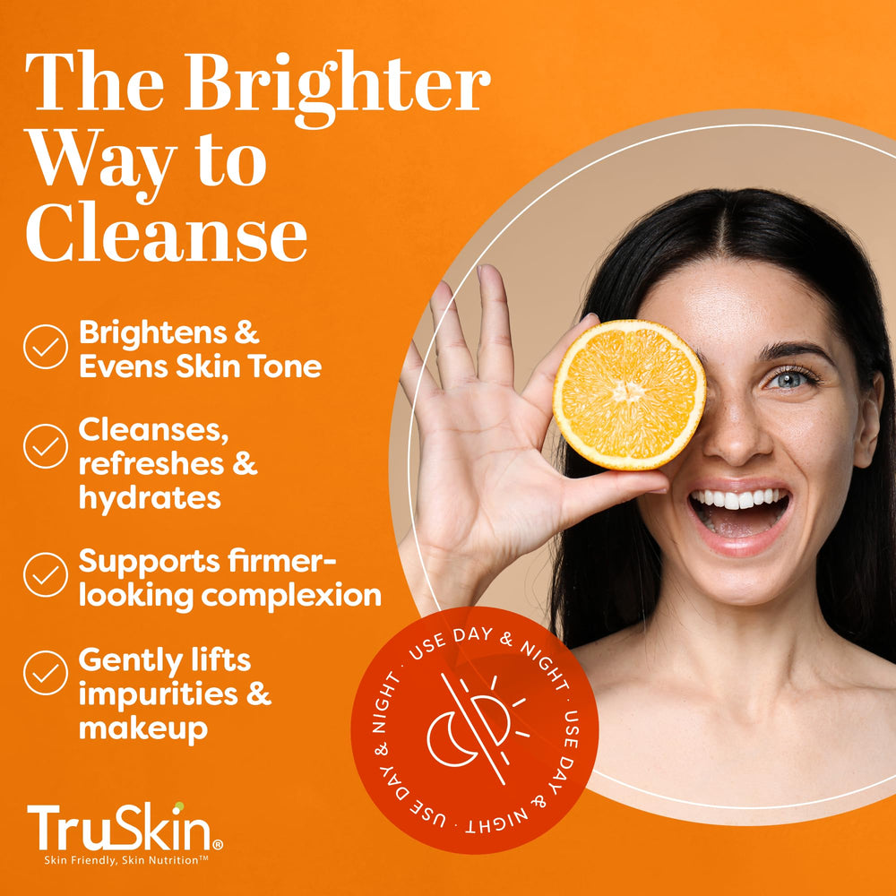 TruSkin Vitamin C Cleanser bottle shows rosehip and aloe ingredients.