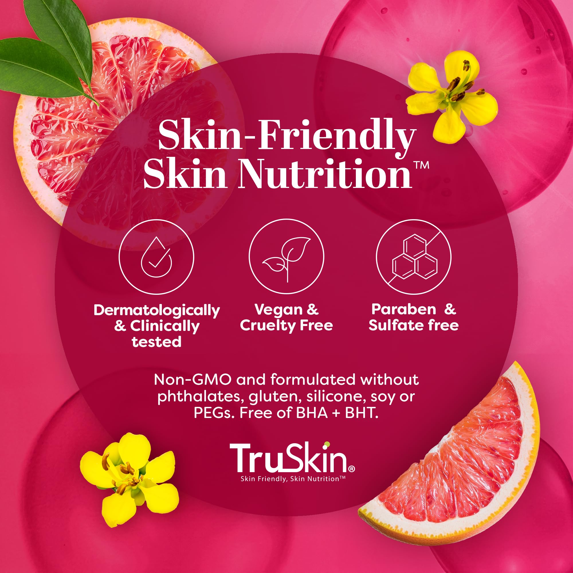 TruSkin serum texture close-up with pink grapefruit hint for uplifting routine.