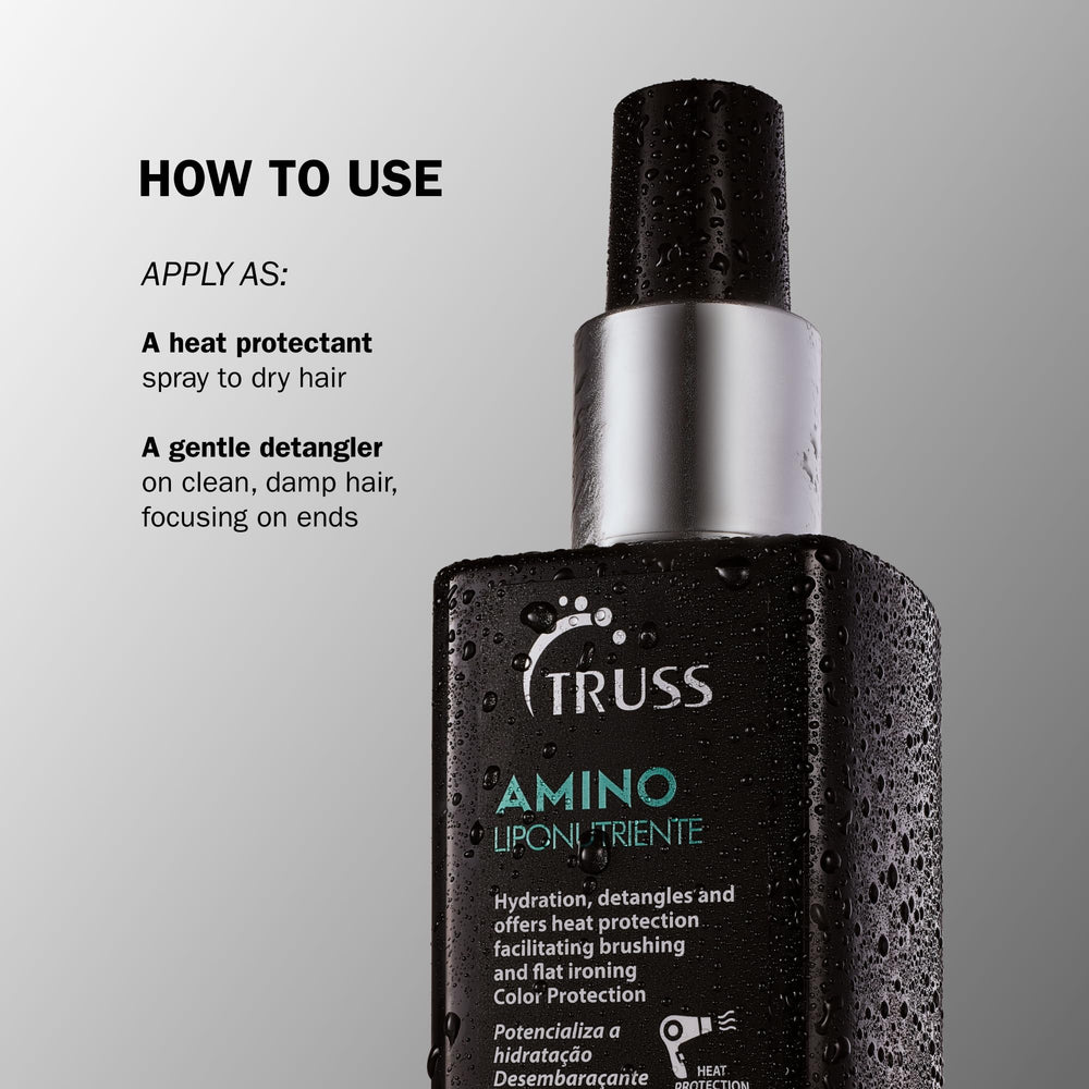 TRUSS Amino Heat Protection Spray packaging closeup highlights essential oils benefits.