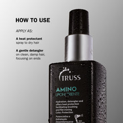TRUSS Amino Heat Protection Spray packaging closeup highlights essential oils benefits.