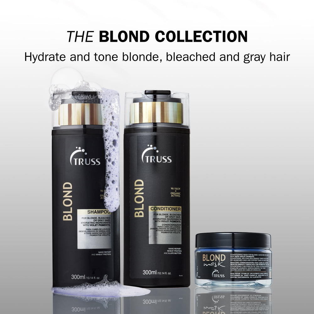 TRUSS Blond Conditioner highlights keratin and cysteine for repair.