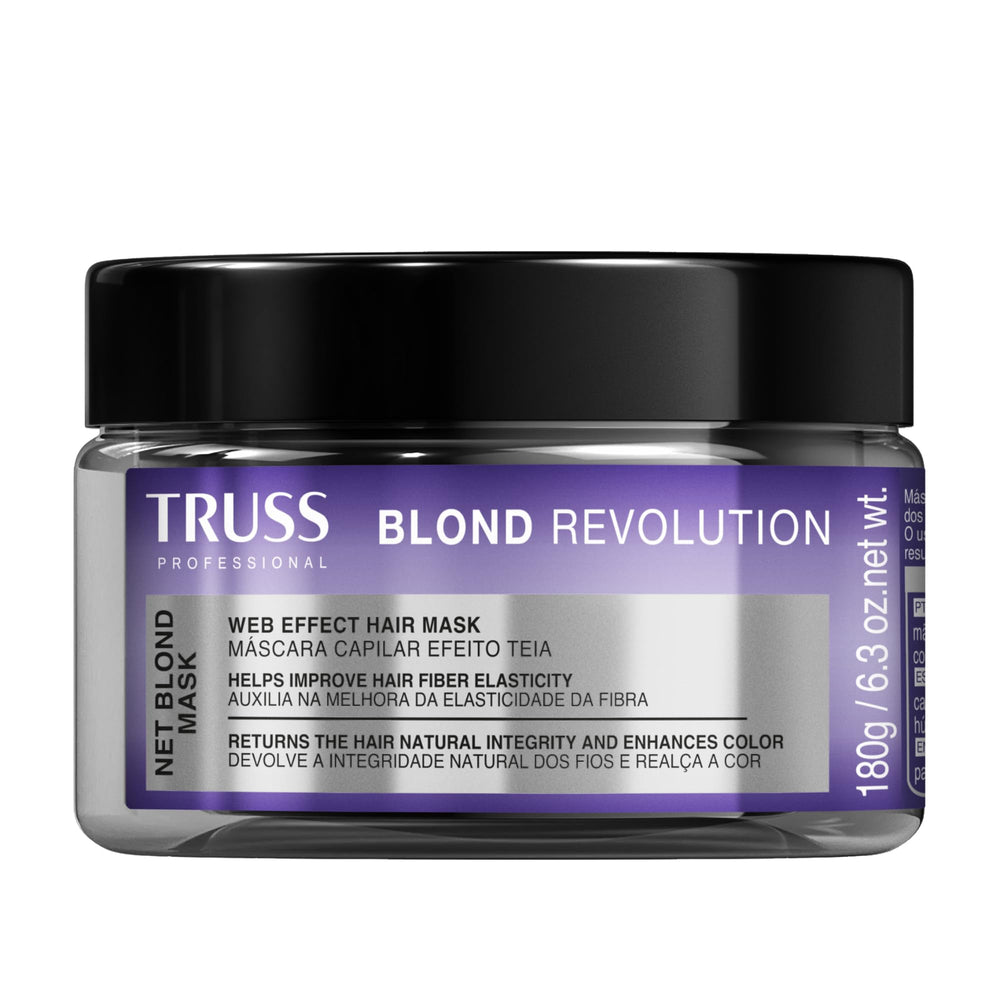 TRUSS Blond Revolution mask bottle closeup shows color-enhancing moisture for blonde hair.