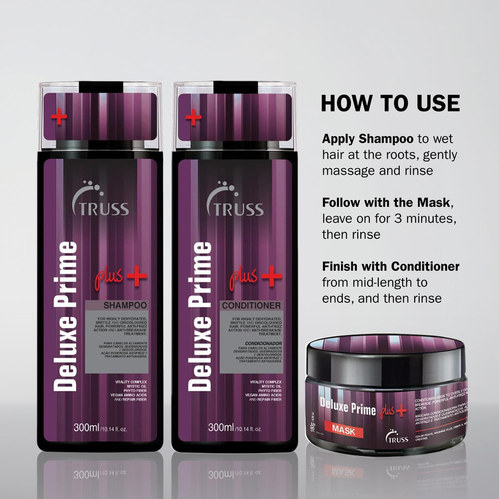TRUSS Deluxe Prime Deep Conditioner after-shampoo rinse-out demonstrates smoother, brush-friendly ends.