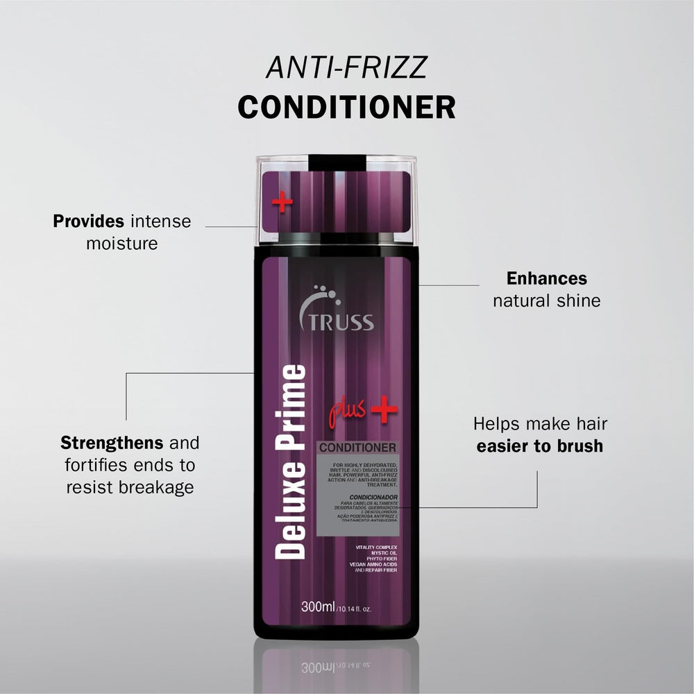 TRUSS Deluxe Prime Deep Conditioner bottle pour captures easy application for fast detangle.